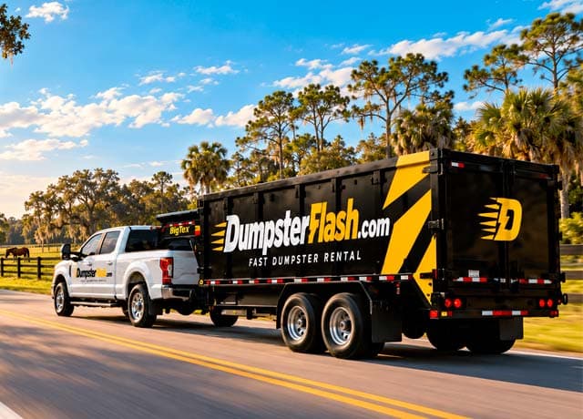 Dumpster Flash dumpster trailer pulled by a pickup truck on a sunny road